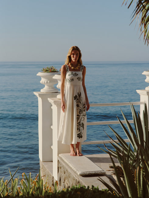 Noelia Embroidered Linen Midi Dress / Ivory Green Buganvilias