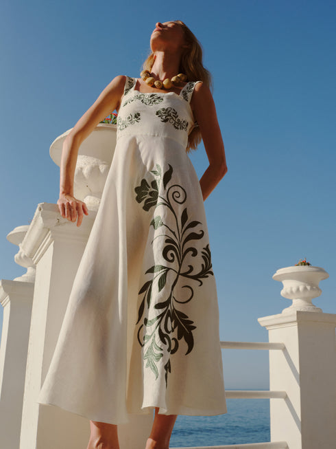 Noelia Embroidered Linen Midi Dress / Ivory Green Buganvilias