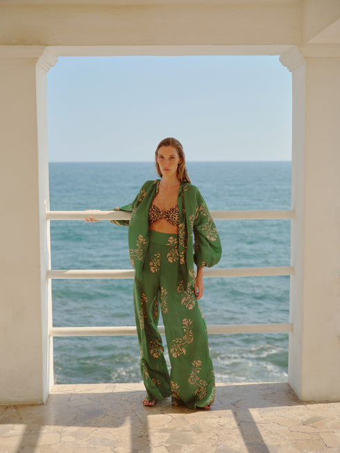 Fiol Cotton Silk Pants / Green Buganvilias