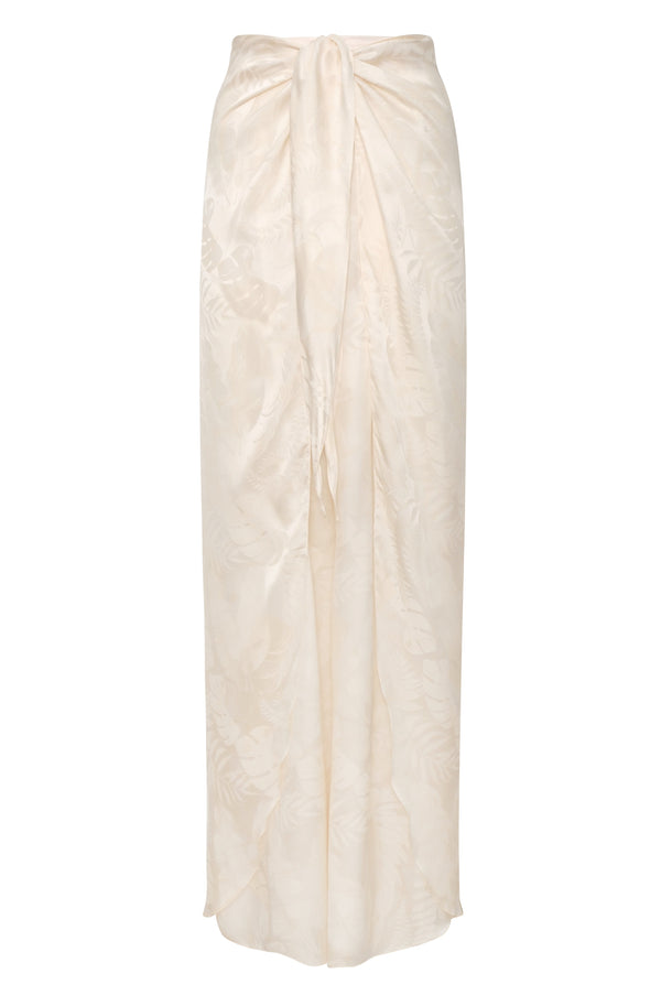 Ivory silk jacquard wide-leg pants with a rainforest print and a draped, wrap-style front.