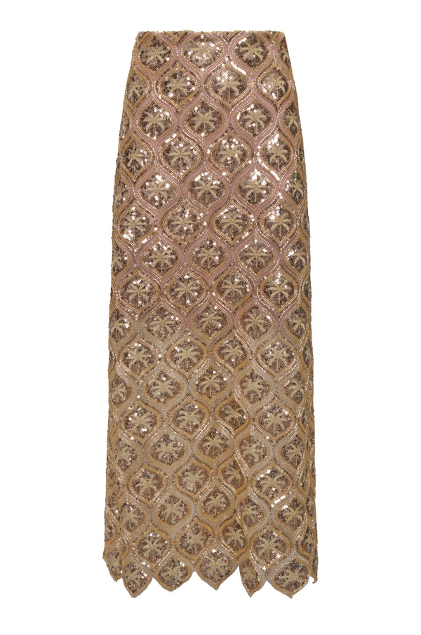 La Sultana Sequined Midi Skirt / Gold Palms