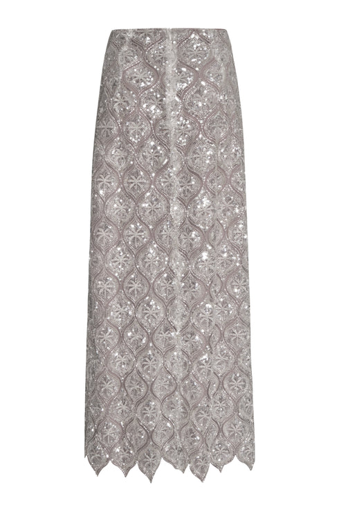La Sultana Sequined Midi Skirt / Silver Palms