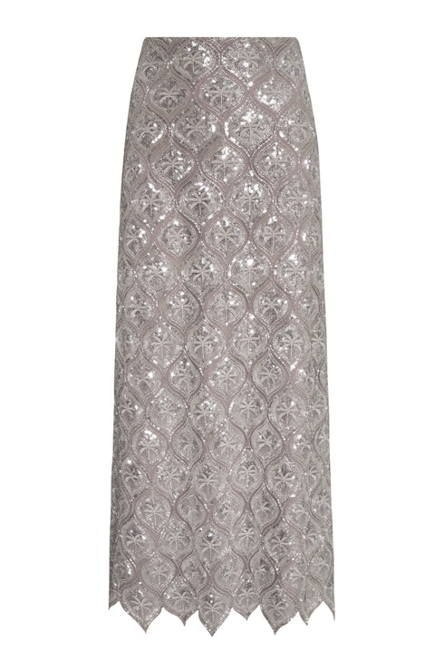 La Sultana Sequined Midi Skirt / Silver Palms
