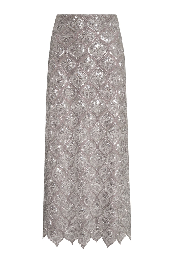 La Sultana Sequined Midi Skirt / Silver Palms