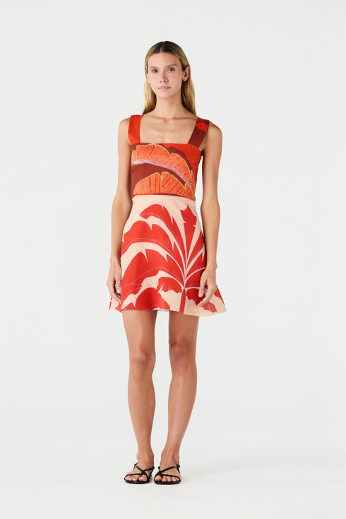 Micaela Hand-Embroidered Linen Mini Dress / Orange Palms