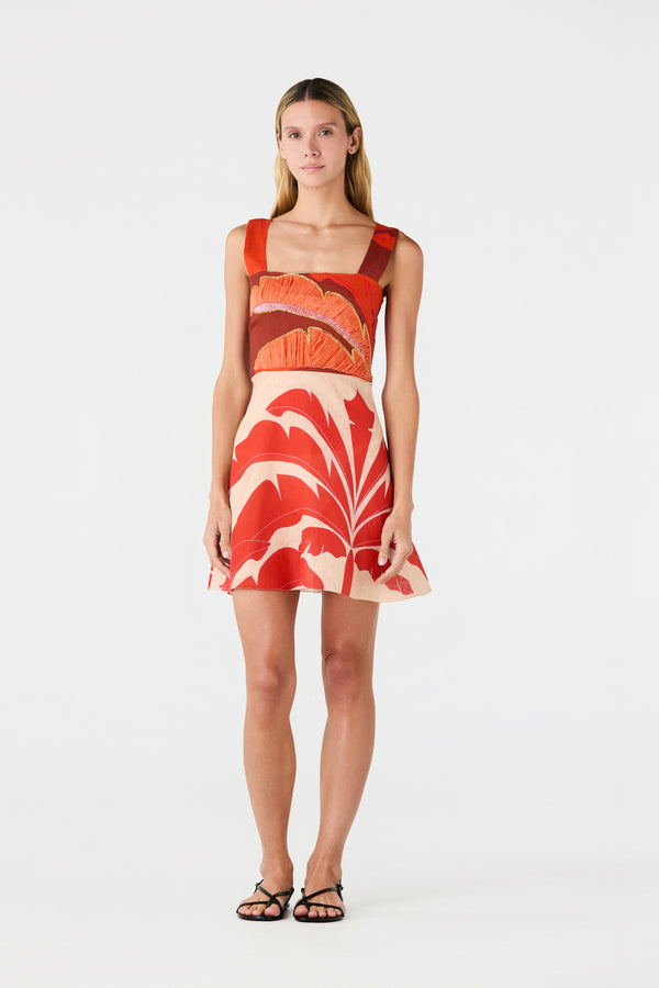 Micaela Hand-Embroidered Linen Mini Dress / Orange Palms