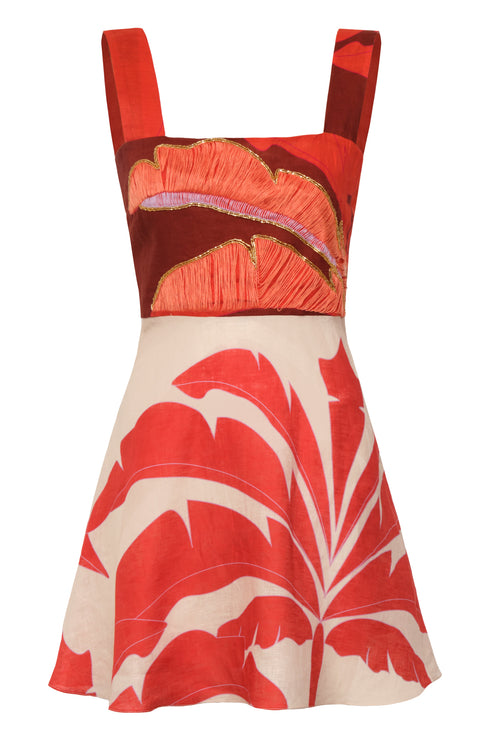 Micaela Hand-Embroidered Linen Mini Dress / Orange Palms