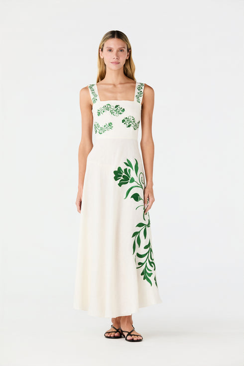 Noelia Embroidered Linen Midi Dress / Ivory Green Buganvilias