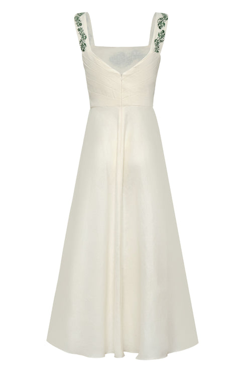 Noelia Embroidered Linen Midi Dress / Ivory Green Buganvilias