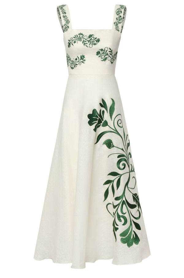Noelia Embroidered Linen Midi Dress / Ivory Green Buganvilias
