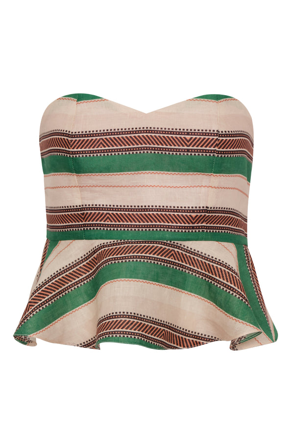 Peplum Linen Top / Green Artisanal Stripes