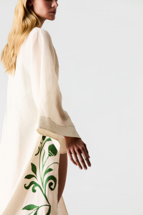 Rafaela Embroidered Kaftan / Ivory Green Buganvilias