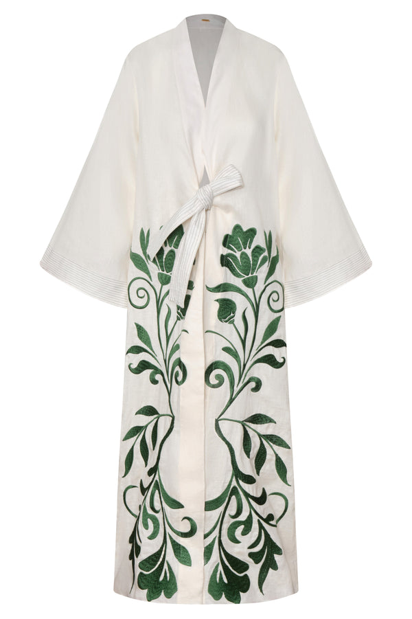 Rafaela Embroidered Kaftan / Ivory Green Buganvilias