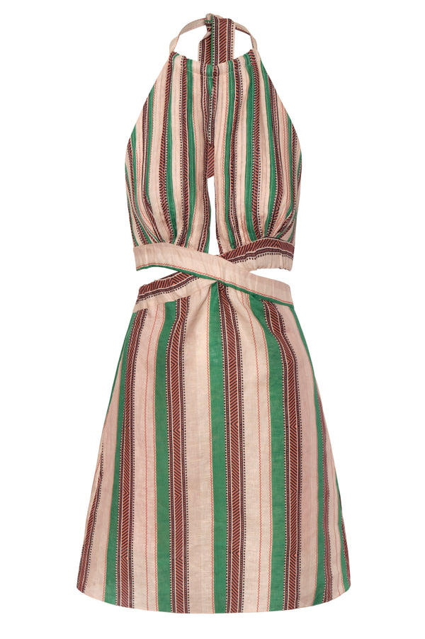 San Agustín Linen Mini Dress / Green Artisanal Stripes