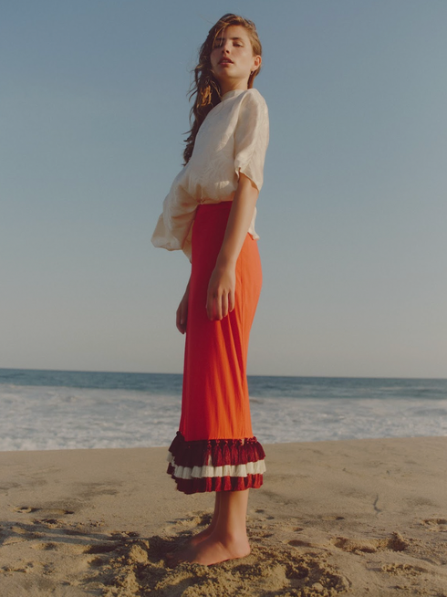 Rocio Cotton Midi Skirt / Red & Handmade Wine Tassels