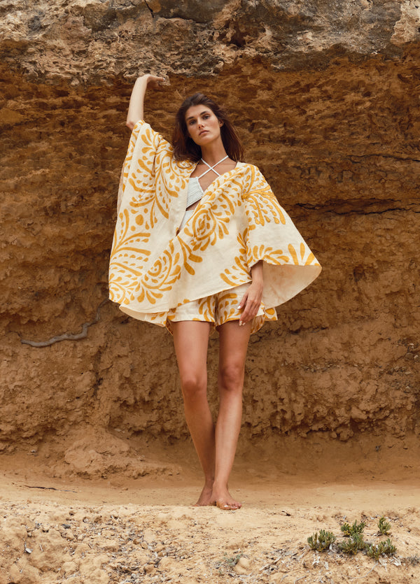 Cavalo Hand Embroidered Linen Poncho / Ecru Yellow Arabesque