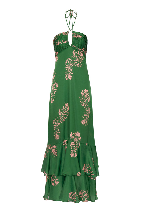 Sevillana Cotton Silk Maxi Dress / Green Buganvilias