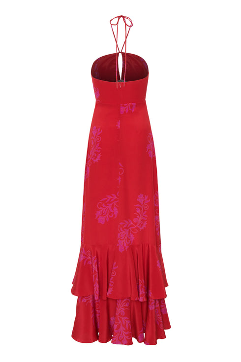 Sevillana Silk Crepe Maxi Dress / Red & Fuchsia Buganvilias