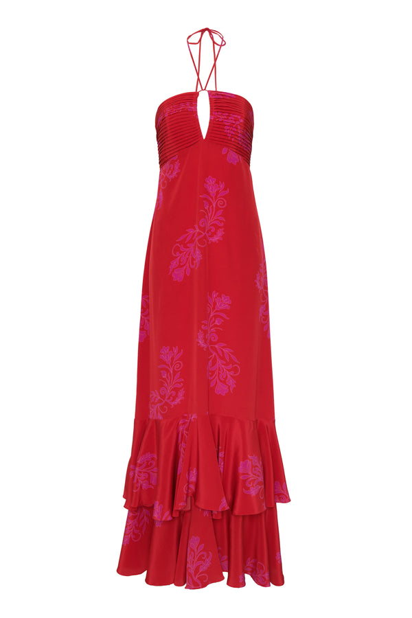 Sevillana Silk Crepe Maxi Dress / Red & Fuchsia Buganvilias