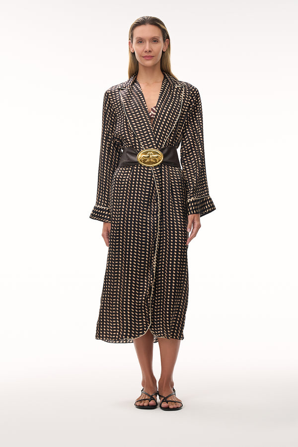 Western Satin Silk Kaftan / Black & Ivory Seeds