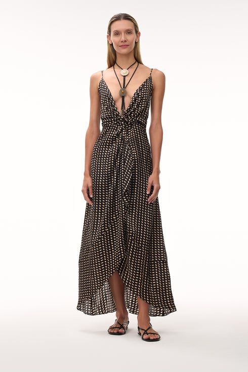 Sabina Satin Silk Midi Dress / Black & Ivory Seeds