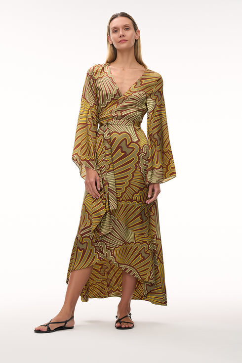 Pacífico Satin Silk Midi Dress / Yellow Intricate Shells