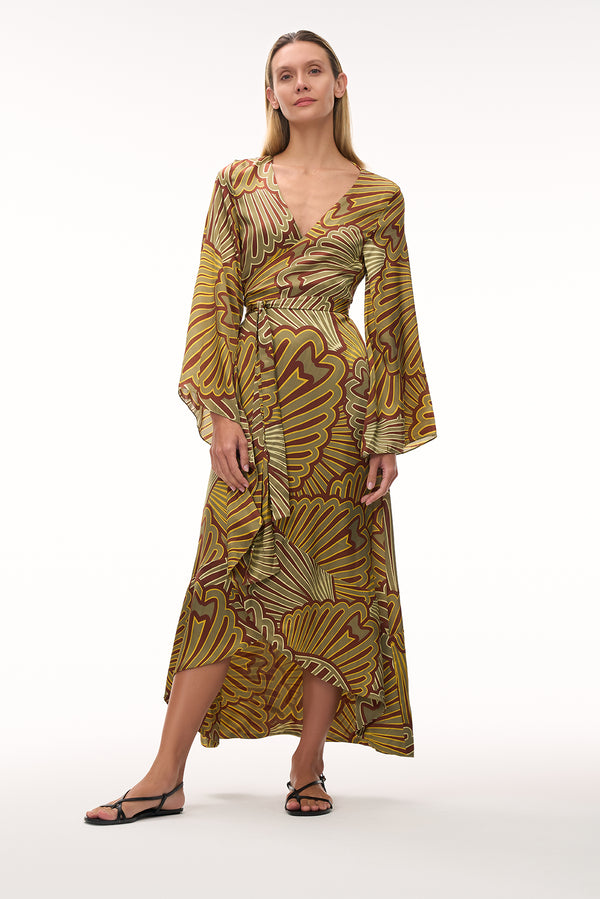 Pacífico Satin Silk Midi Dress / Yellow Intricate Shells
