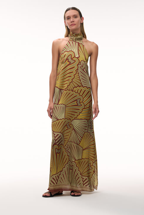 Costa Pacifica Satin Silk Midi Dress / Yellow Intricate Shells