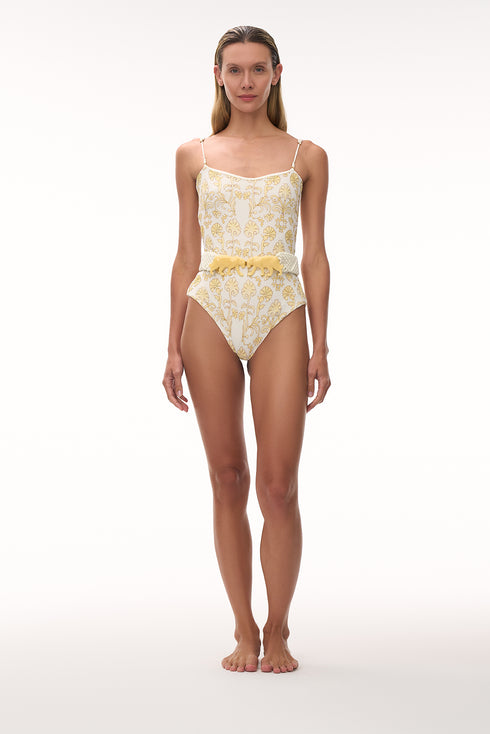 Esteros Embroidered One Piece / Yellow Flowers -Ivory