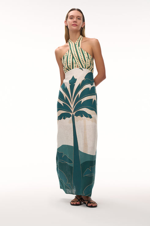 Costa del Sol Linen Midi Dress / Aquamarine Palms - Green Stripes