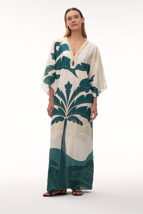 Andina Hand Embroidered Linen Tunic / Aquamarine Palms