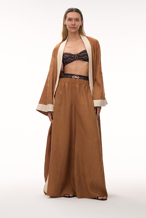 Rafaela Linen Kaftan / Brown & Ivory