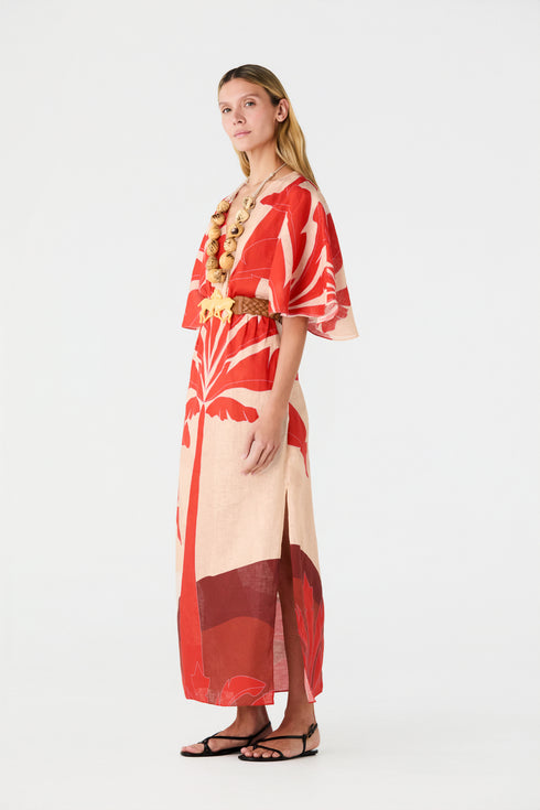 Topacio Linen Midi Tunic Dress / Orange Palms