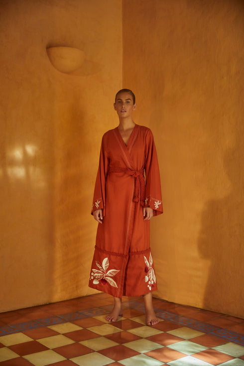 Bocas de San Juan Linen Kaftan Embroidered / Terracota