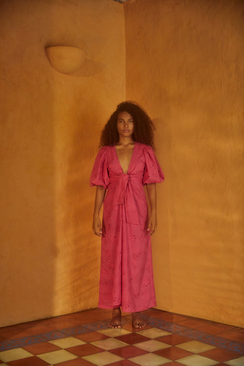 Ermita Cotton Eyelet Midi Dress / Fucsia