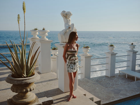 Carmelita Embroidered Linen Mini Skirt / Ivory Green Buganvilias