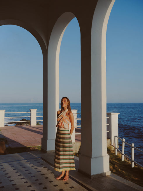 El Carmelo Linen Midi Skirt / Green Artisanal Stripes