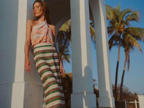 El Carmelo Linen Midi Skirt / Green Artisanal Stripes