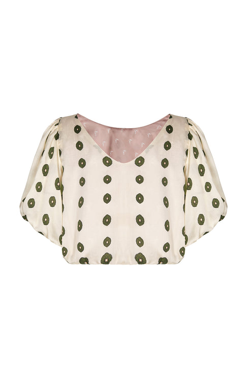 Guayacan Silk Martellato Blouse / Ivory Green Chintz