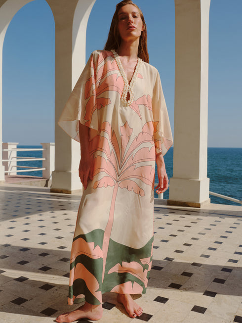 Andina Hand-Embroidered Crepe Tunic / Peach Palms