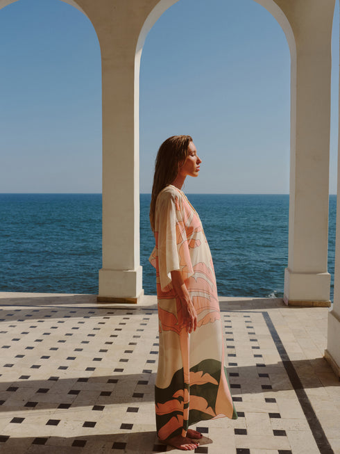 Andina Hand-Embroidered Crepe Tunic / Peach Palms