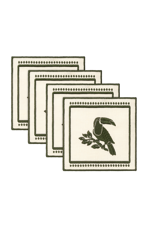 Tucan Linen Cocktail Napkin Set of 4 / Green