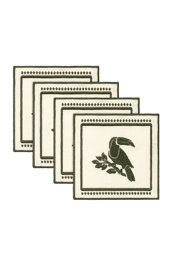 Tucan Linen Cocktail Napkin Set of 4 / Green