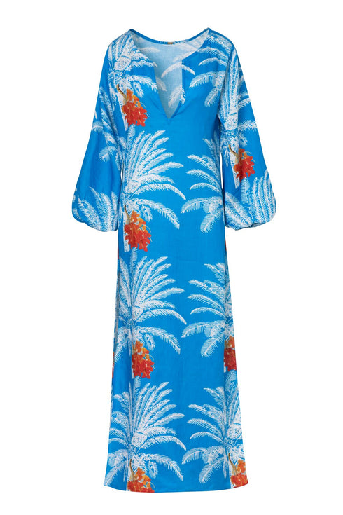 San Marco Linen Maxi Dress / Turquoise Palms