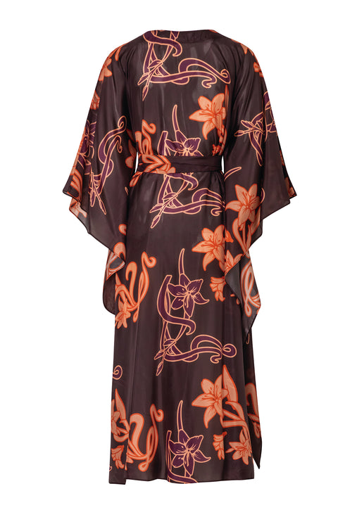 Morena Open Silk Kaftan / Aubergine Lilies In Salmon