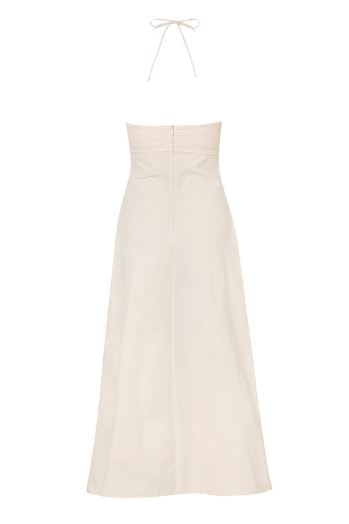 Acordeon Cotton Canvas Hand-Embroidered Maxi Dress / Ecru