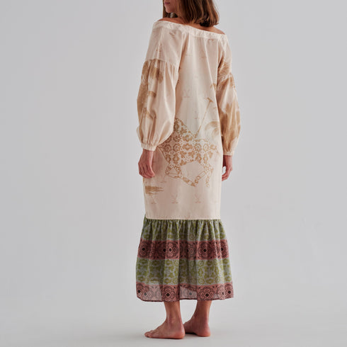 Chiapas Cotton-Silk Midi Dress / Ivory Palms