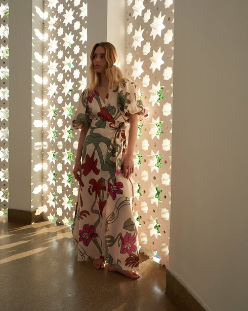 Ermita Wrap Linen Dress / Fuchsia Garden