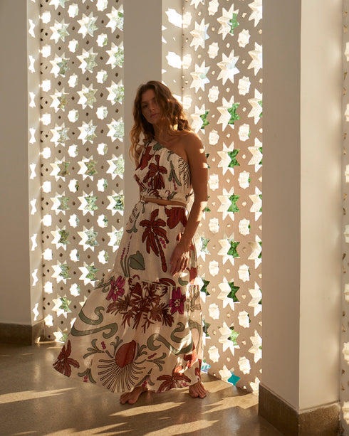 Ornella Maxi Linen Skirt / Fuchsia Garden