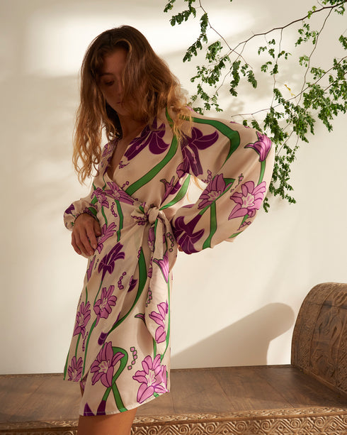 Hojarasca Mini Silk Dress / Violet Flowers